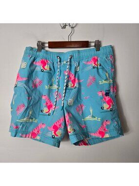 Party Pants Men's Size M Blue Pink Dinosaur Scooter Swim Trunks Board Shorts